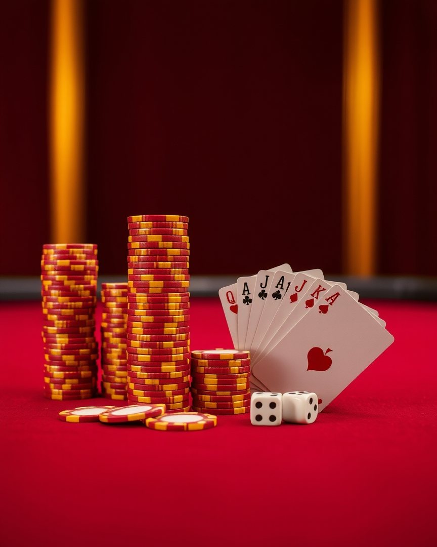 Fanned playing cards, stacked gold coins and marigolds on cream linen at Diwa Top